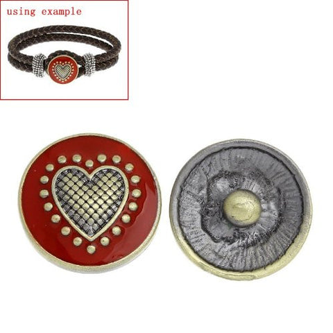 Chunk Snap Buttons Fit Chunk Bracelet Round Antique Bronze Heart Carved Enamel Red 20mm - Sexy Sparkles Fashion Jewelry - 2