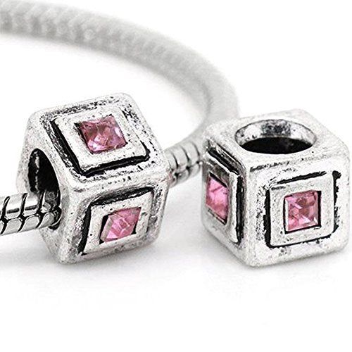 Cube Charm with pink  Rhinestone Crystals European Bead Compatible for Most European Snake Chain Bracelet - Sexy Sparkles Fashion Jewelry - 1