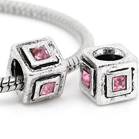 Cube Charm with pink  Rhinestone Crystals European Bead Compatible for Most European Snake Chain Bracelet - Sexy Sparkles Fashion Jewelry - 1