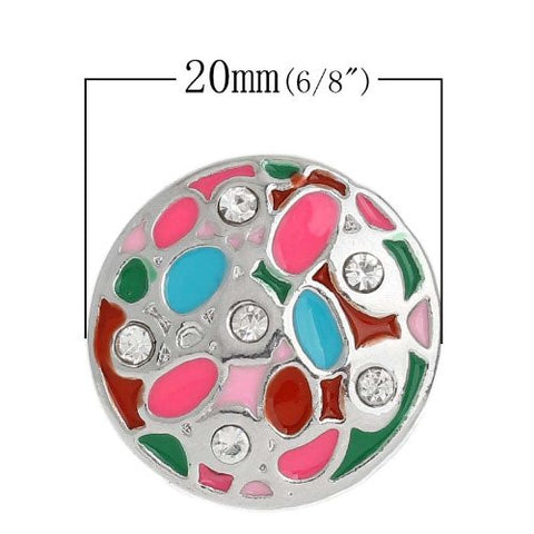 Chunk Snap Buttons Fit Chunk Bracelet Round Silver Tone Enamel Multi Clear Rhinestone Pattern Carved 20mm - Sexy Sparkles Fashion Jewelry - 3