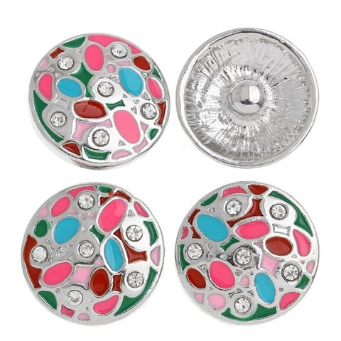 Chunk Snap Buttons Fit Chunk Bracelet Round Silver Tone Enamel Multi Clear Rhinestone Pattern Carved 20mm - Sexy Sparkles Fashion Jewelry - 4