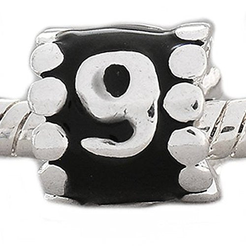 Black Enamel Number Charm Bead  "9" European Bead Compatible for Most European Snake Chain Charm Bracelets