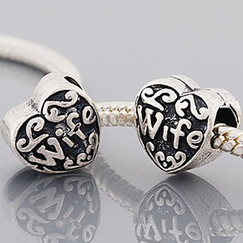 Wife Heart Charm Charm European Bead Compatible for Most European Snake Chain Bracelet - Sexy Sparkles Fashion Jewelry