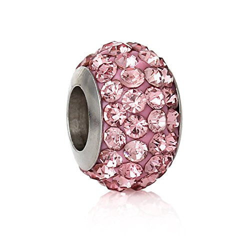 Stainless Steel European Style Charm Beads Round Silver Tone Pink Rhinestone