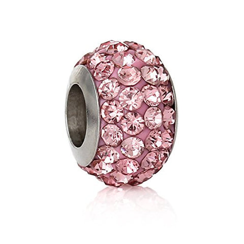 Stainless Steel European Style Charm Beads Round Silver Tone Pink Rhinestone - Sexy Sparkles Fashion Jewelry - 1