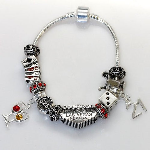 9" Viva Las Vegas Theme Charm with 12 Charms, Pocker Cards,Casino Chips,Dice,Martini Glass & Crystals charm beads, For Snake Chain Bracelets - Sexy Sparkles Fashion Jewelry - 2