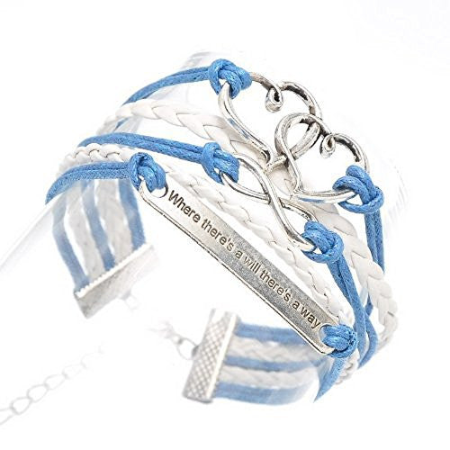Braiding Leatheroid Wax Rope Bracelets Blue Antique Silver Infinity Symbol Double Hearts Message Carved