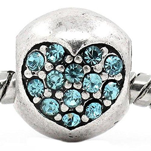 Heart Carved On Charm With Rhinestones Bead Spacer For Snake Chain Bracelet (Light Blue) - Sexy Sparkles Fashion Jewelry - 1