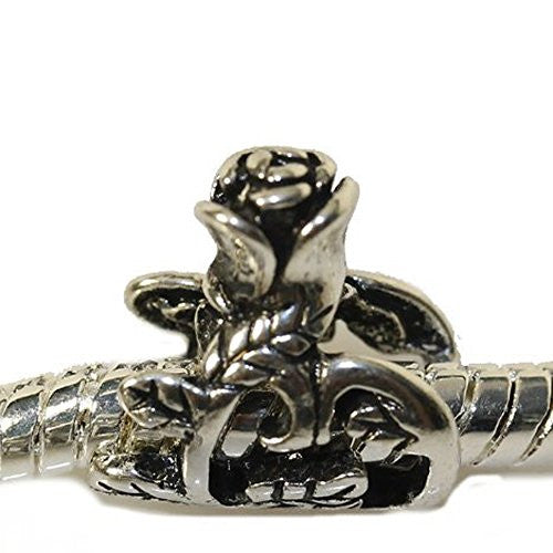 Silver Tone Tall Rose Flower Charm European Bead Compatible for Most European Snake Chain Bracelet - Sexy Sparkles Fashion Jewelry - 1