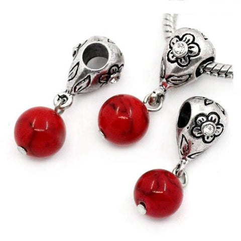Red Dangle Ball with Rhinestones Bead Charm Spacer for Snake Chain Charm Bracelets - Sexy Sparkles Fashion Jewelry - 3