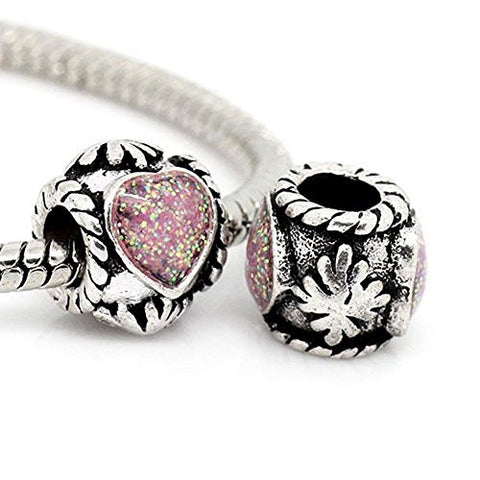Glitter Pink Heart with Carved Flowers on Charm Charm Compatible with European Snake Chain Charm Bracelet - Sexy Sparkles Fashion Jewelry - 1