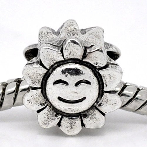 Silver Tone Happy Sun Flower Bead Charm