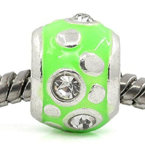 European Charm Beads Column Silver Plated Clear Rhinestone Enamel Light Green - Sexy Sparkles Fashion Jewelry - 1