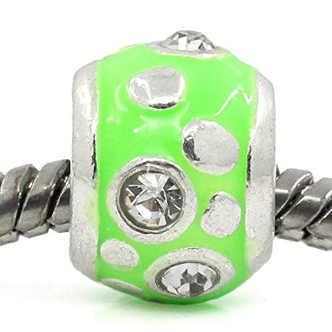 European Charm Beads Column Silver Plated Clear Rhinestone Enamel Light Green - Sexy Sparkles Fashion Jewelry - 1