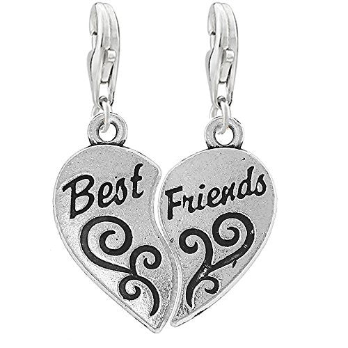 Two Piece Heart Best Friends Clip on Pendant Charm for Bracelet or Necklace