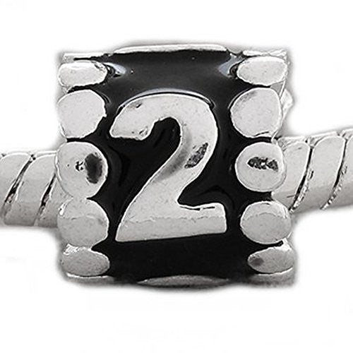 Black Enamel Number Charm Bead  "2" European Bead Compatible for Most European Snake Chain Charm Bracelets