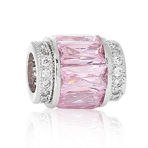 Copper European Charm Beads Cylinder Silver Tone Clear Pink Zirconia - Sexy Sparkles Fashion Jewelry - 1