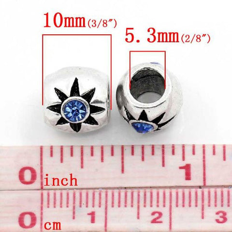 European Charm Beads Column Antique Silver Flower Carved W/Light Blue Rhinestone - Sexy Sparkles Fashion Jewelry - 2