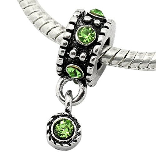 Dangle Bead W/green  Rhinestones August Birthstone European Bead Compatible for Most European Snake Chain Bracelet - Sexy Sparkles Fashion Jewelry - 1
