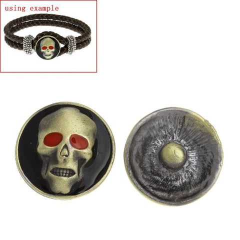 Chunk Snap Buttons Fit Chunk Bracelet Round Antique Bronze Enamel Red Halloween Skull Pattern - Sexy Sparkles Fashion Jewelry - 2