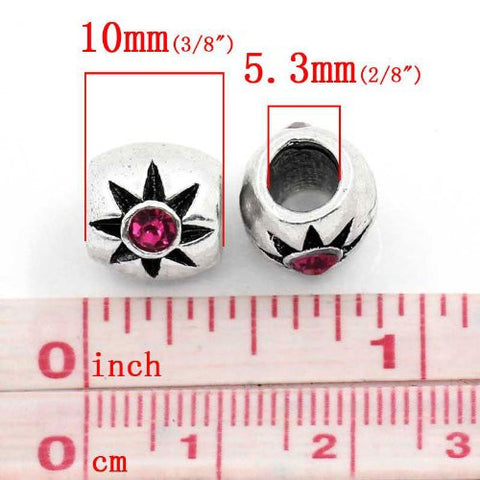 European Charm Beads Column Antique Silver Flower Carved Red Rhinestone - Sexy Sparkles Fashion Jewelry - 2