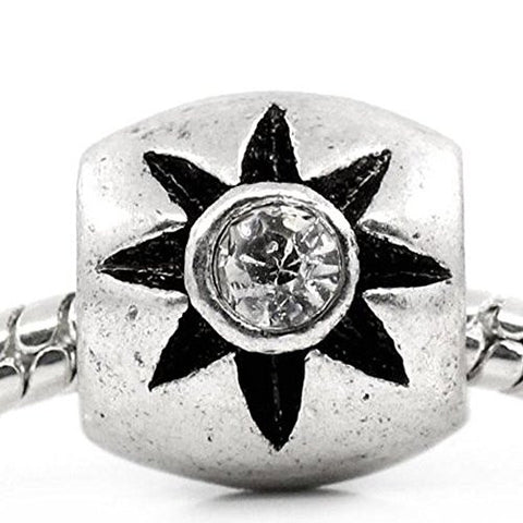 European Charm Beads Column Antique Silver Flower Carved Clear Rhinestone - Sexy Sparkles Fashion Jewelry - 1
