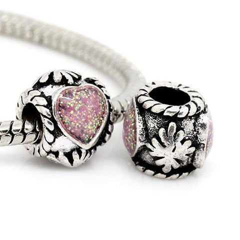 Glitter Pink Heart with Carved Flowers on Charm Charm Compatible with European Snake Chain Charm Bracelet - Sexy Sparkles Fashion Jewelry - 4