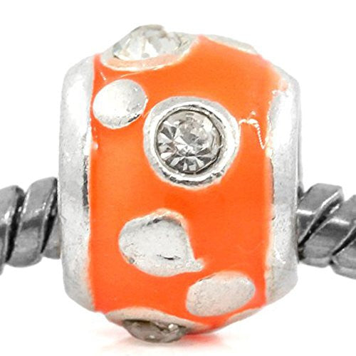 European Charm Beads Column Silver Plated Clear Rhinestone Enamel Orange - Sexy Sparkles Fashion Jewelry - 1