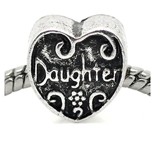 Daughter Heart Charm European Bead Compatible for Most European Snake Chain Bracelet