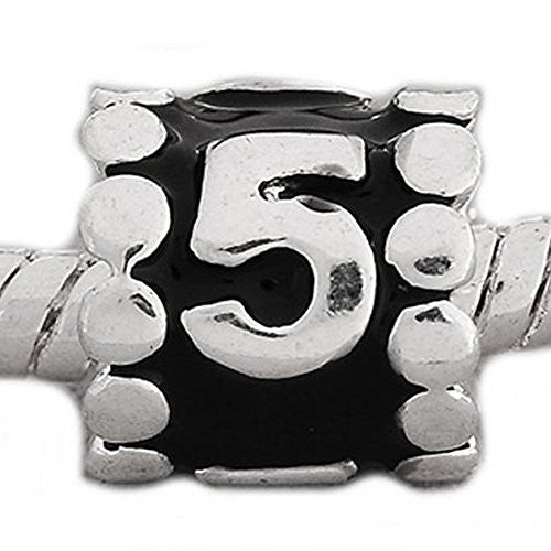 Black Enamel Number Charm Bead  "5" European Bead Compatible for Most European Snake Chain Charm Bracelets