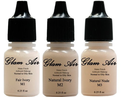 Set of Three (3) Airbrush Makeup Foundation Matte M1 Fair Ivory, M2 Natural Ivory, M3 Natural Nude Water-based Makeup Lasting All Day 0.25 Oz Bottle By Glam Air - Sexy Sparkles Fashion Jewelry - 1