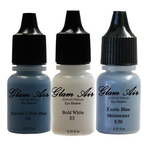 Glam Air Set of Three (3) Airbrush Eye Shadow s-E5Bold White ,E6 Electric Cobalt Blue, & E30Exotic Blue Shimmer Airbrush Water-based 0.25 Fl. Oz. Bottles of Eyeshadow - Sexy Sparkles Fashion Jewelry - 1