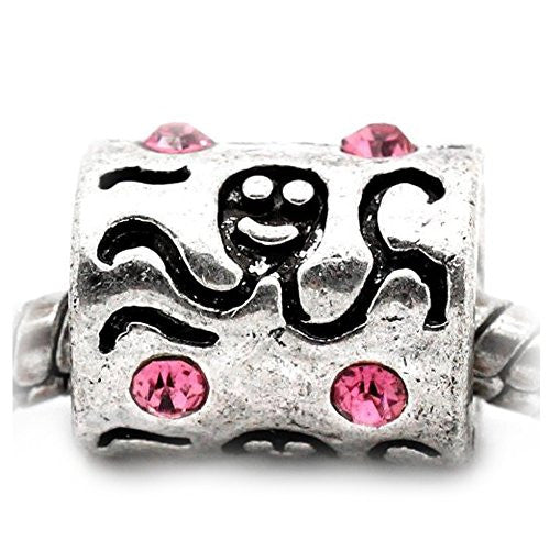 Octopus Carved on Charm W/Pink Crystals Bead Charm Spacer For Snake Chain Bracelet