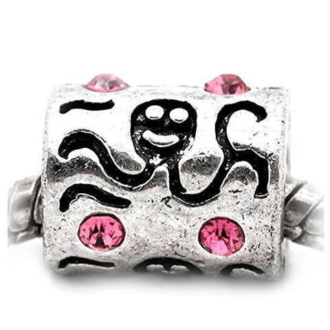 Octopus Carved on Charm W/Pink Crystals Bead Charm Spacer For Snake Chain Bracelet - Sexy Sparkles Fashion Jewelry - 1
