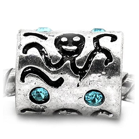 Octopus Carved on Charm W/Blue Crystals Bead Charm Spacer For Snake Chain Bracelet - Sexy Sparkles Fashion Jewelry - 1