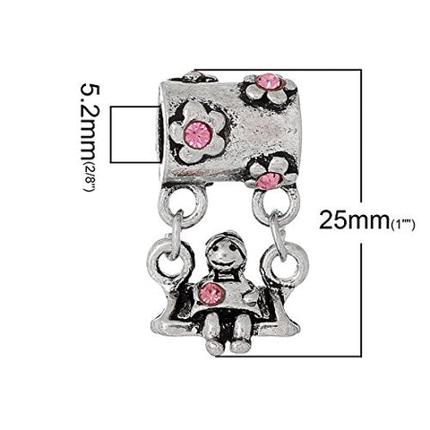 Little Girl on Swing w/ Pink Crystals European European Bead Compatible for Most European Snake Chain Charm Braceletss - Sexy Sparkles Fashion Jewelry - 2