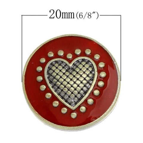 Chunk Snap Buttons Fit Chunk Bracelet Round Antique Bronze Heart Carved Enamel Red 20mm - Sexy Sparkles Fashion Jewelry - 3