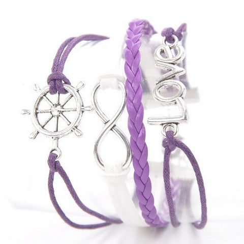 Wax Rope Braiding Bracelet Purple & White Antique Silver Love Ship Helm & Infinity Symbol Findings 20cm(7 7/8")long - Sexy Sparkles Fashion Jewelry - 2