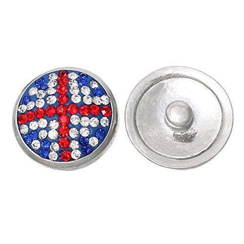 Chunk Snap Jewelry Button Round Blue Red Silver Tone Fit Chunk Bracelet Rhinestone National Flag of the United Kingdom