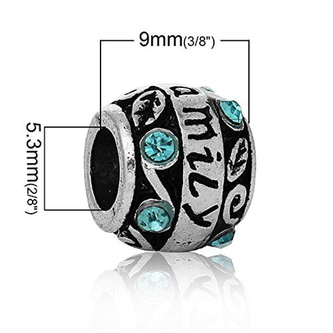 "Family"Carved Barrel Charm Bead w/ Blue Crystals - Sexy Sparkles Fashion Jewelry - 2