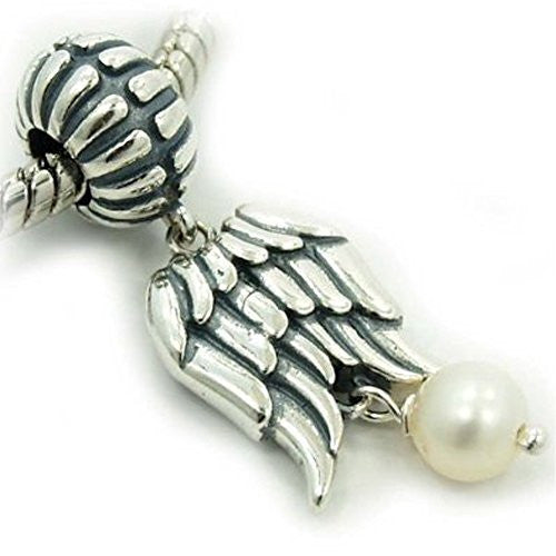 Angel Wings with White Pearl Dangle European Bead Compatible for Most European Snake Chain Bracelet