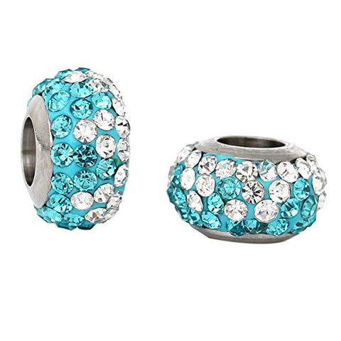 Stainless Steel European Style Charm Beads Round Silver Tone With Light Blue & Clear Rhinestone - Sexy Sparkles Fashion Jewelry - 2