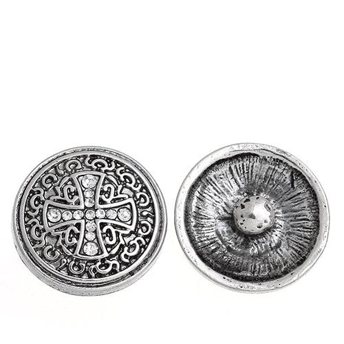 Chunk Snap Buttons Fit Chunk Bracelet Round Antique Silver Cross Pattern Carved Clear Rhinestone 20mm