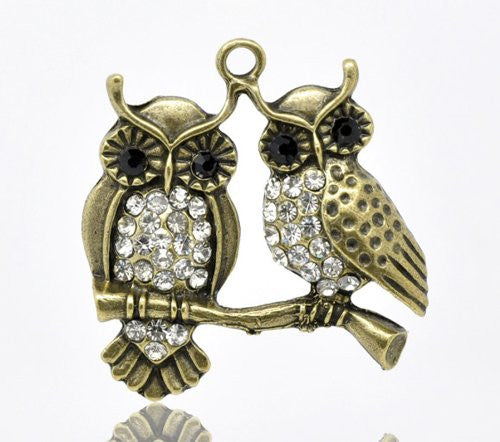Antique Bronze Plated Base Rhinestone Owl Charm Pendant for Necklace