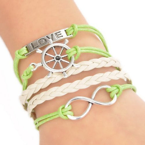 Wax Rope Braiding Bracelet Mixed W/Antique Silver Infinity Symbol & Rudder & Rectangle "Love" Findings 20cm(7 7/8")long - Sexy Sparkles Fashion Jewelry - 4