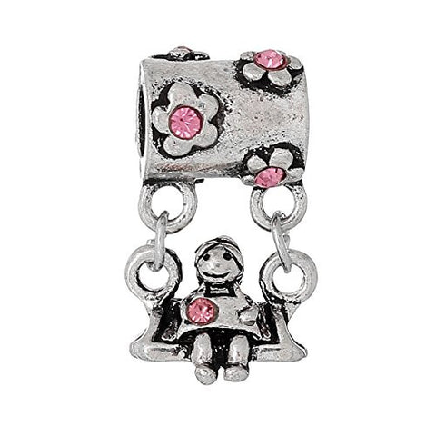 Little Girl on Swing w/ Pink Crystals European European Bead Compatible for Most European Snake Chain Charm Braceletss - Sexy Sparkles Fashion Jewelry - 1