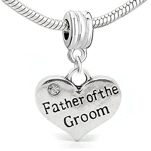 Wedding "Father of the Groom Heart w/ Crystal European Bead Compatible for Most European Snake Chain Bracelet - Sexy Sparkles Fashion Jewelry