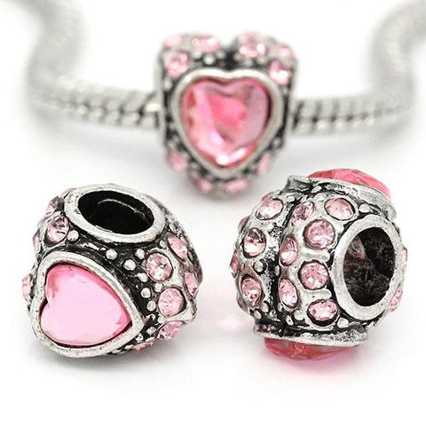 Crystals with Pink Acrylic Heart in the Middle Charm European Bead Compatible for Most European Snake Chain Bracelet - Sexy Sparkles Fashion Jewelry - 2