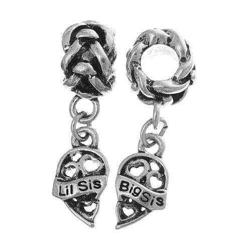 1 Pair Lil Sis-Big Sis Heart Love European Bead Compatible for Most European Snake Chain Charm Bracelet
