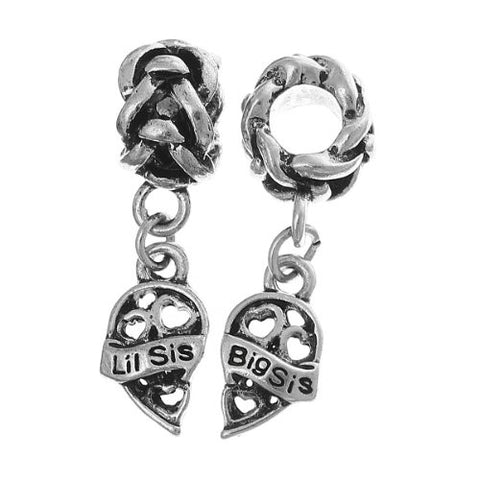 1 Pair Lil Sis-Big Sis Heart Love European Bead Compatible for Most European Snake Chain Charm Bracelet - Sexy Sparkles Fashion Jewelry - 1